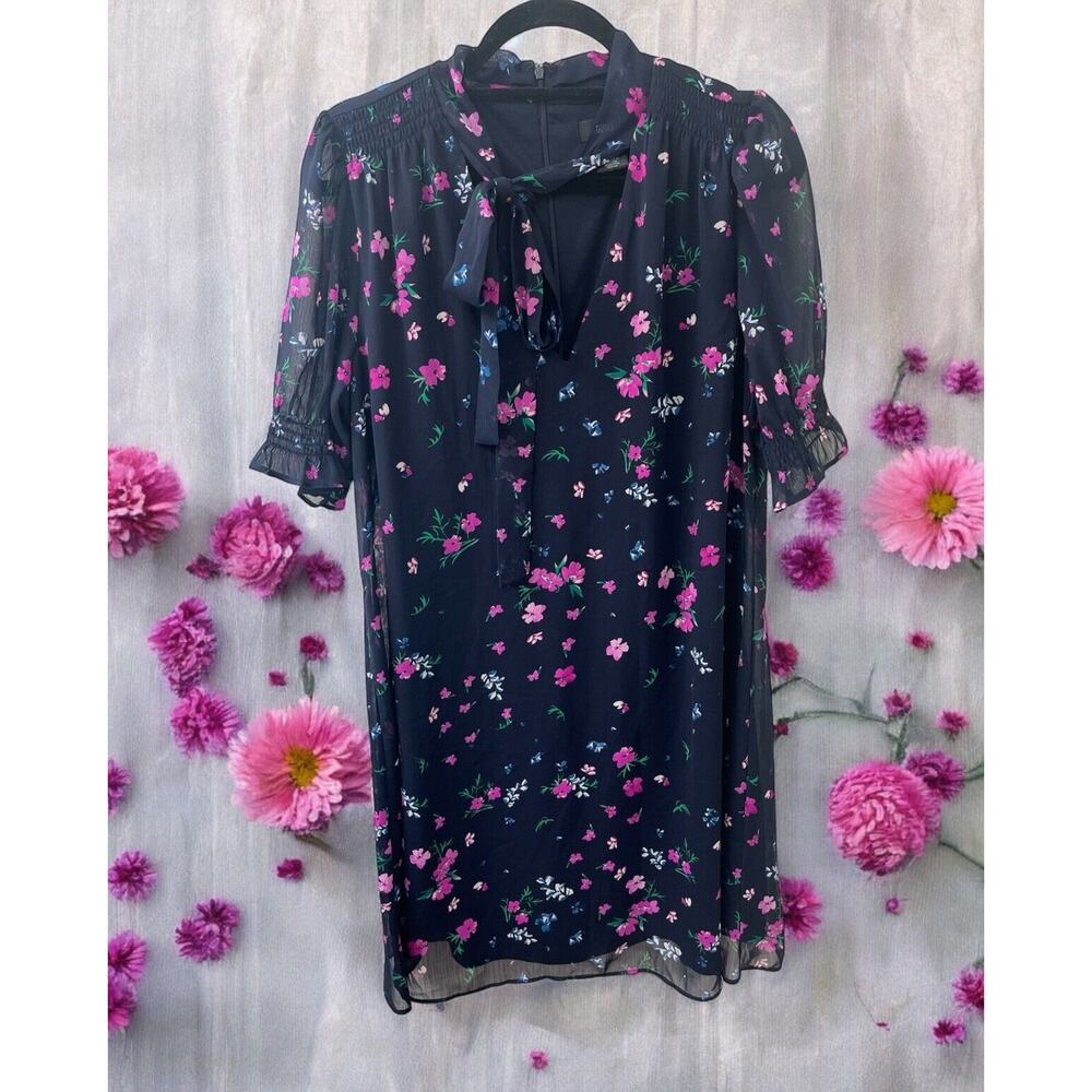 Dkny Womens Black Shift Dress Floral Pattern cut out Size 14 sheer short sleeves